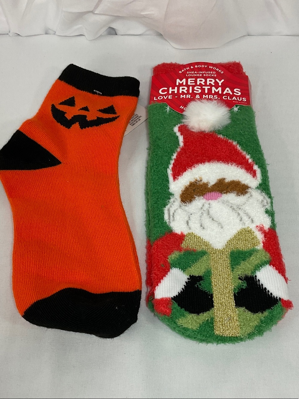 Bath & Body Works Green Red White Santa Fuzzy Socks + Orange Black Pumpkin Socks